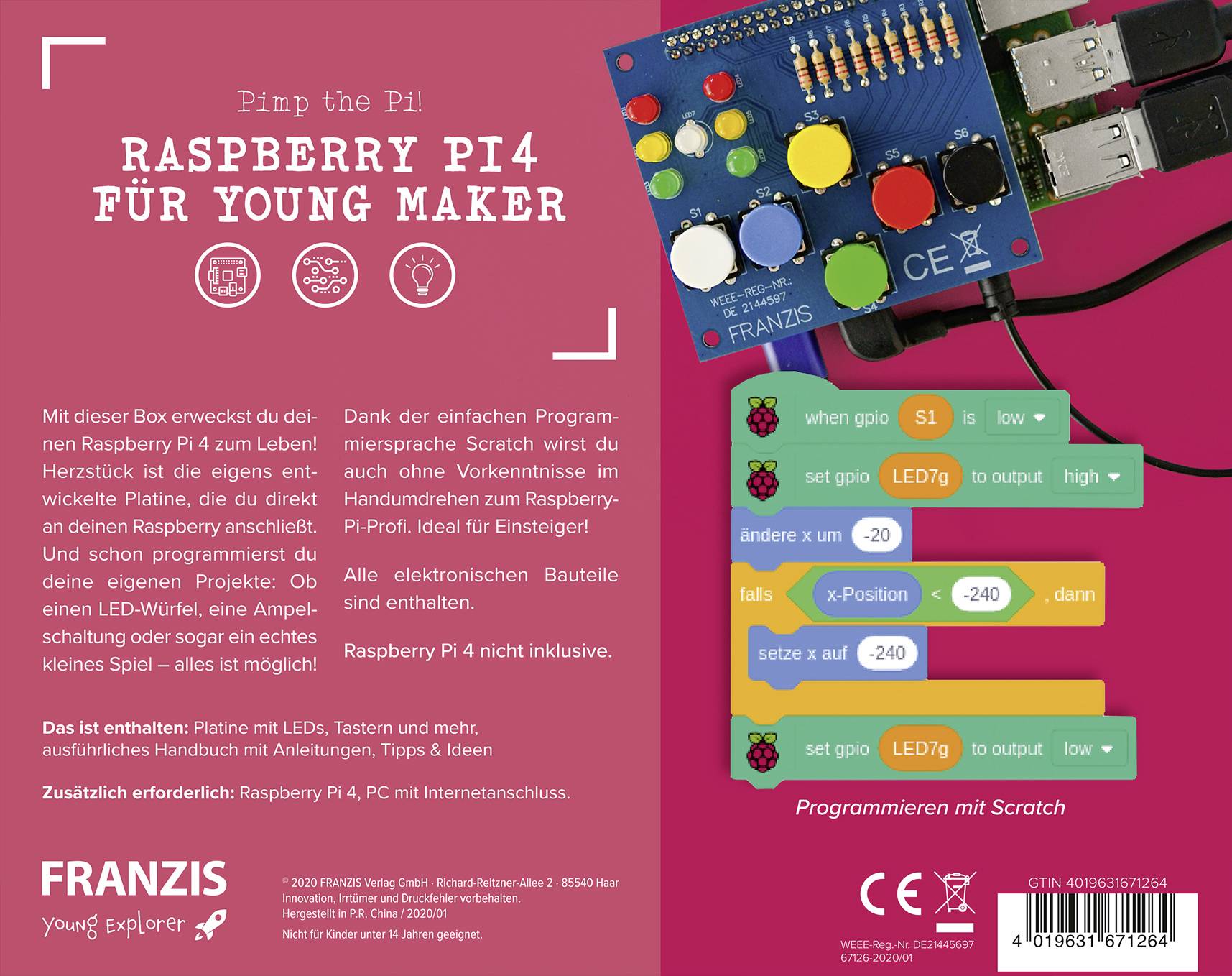 'Raspberry Pi4 für Young Maker' Box-Rückseite mit grafischen Anleitungen zu LED-Programmierung, Scratch-Codebeispielen und Zubehörliste.