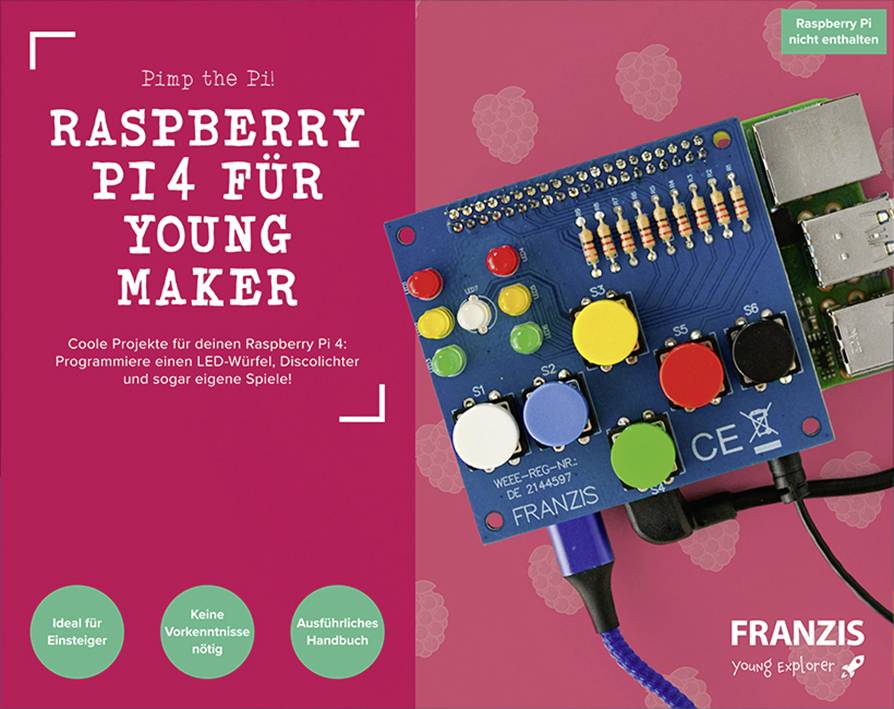 'Pimp the Pi: Raspberry Pi 4 für Young Maker'. Bunter Raspberry Pi mit Knöpfen auf rotem Hintergrund. Text über Projekte und Anforderungen.