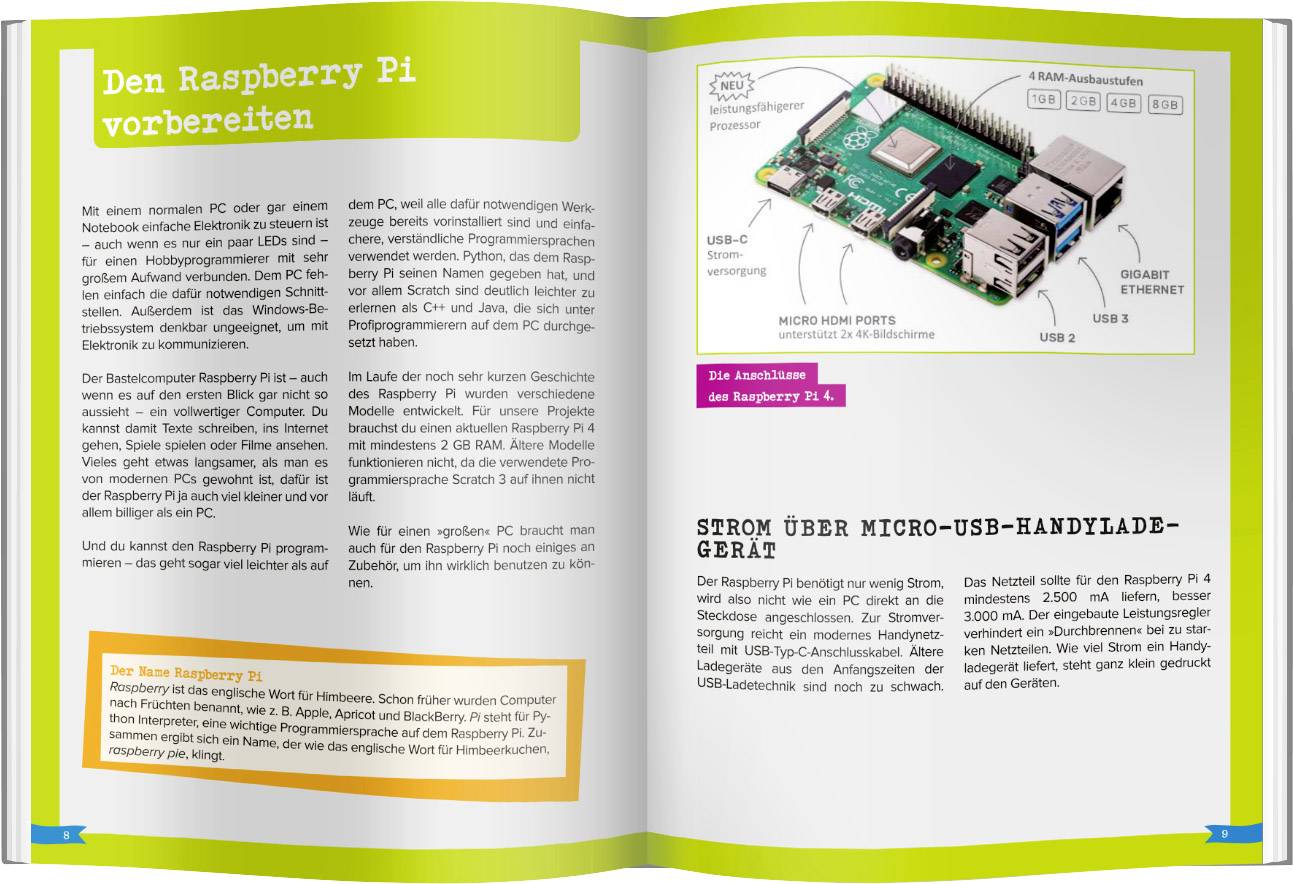Eine aufgeschlagene Buchseite, die Informationen und ein Bild eines Raspberry Pi zeigt, mit Beschreibungen der Anschlüsse und Nutzungstipps.