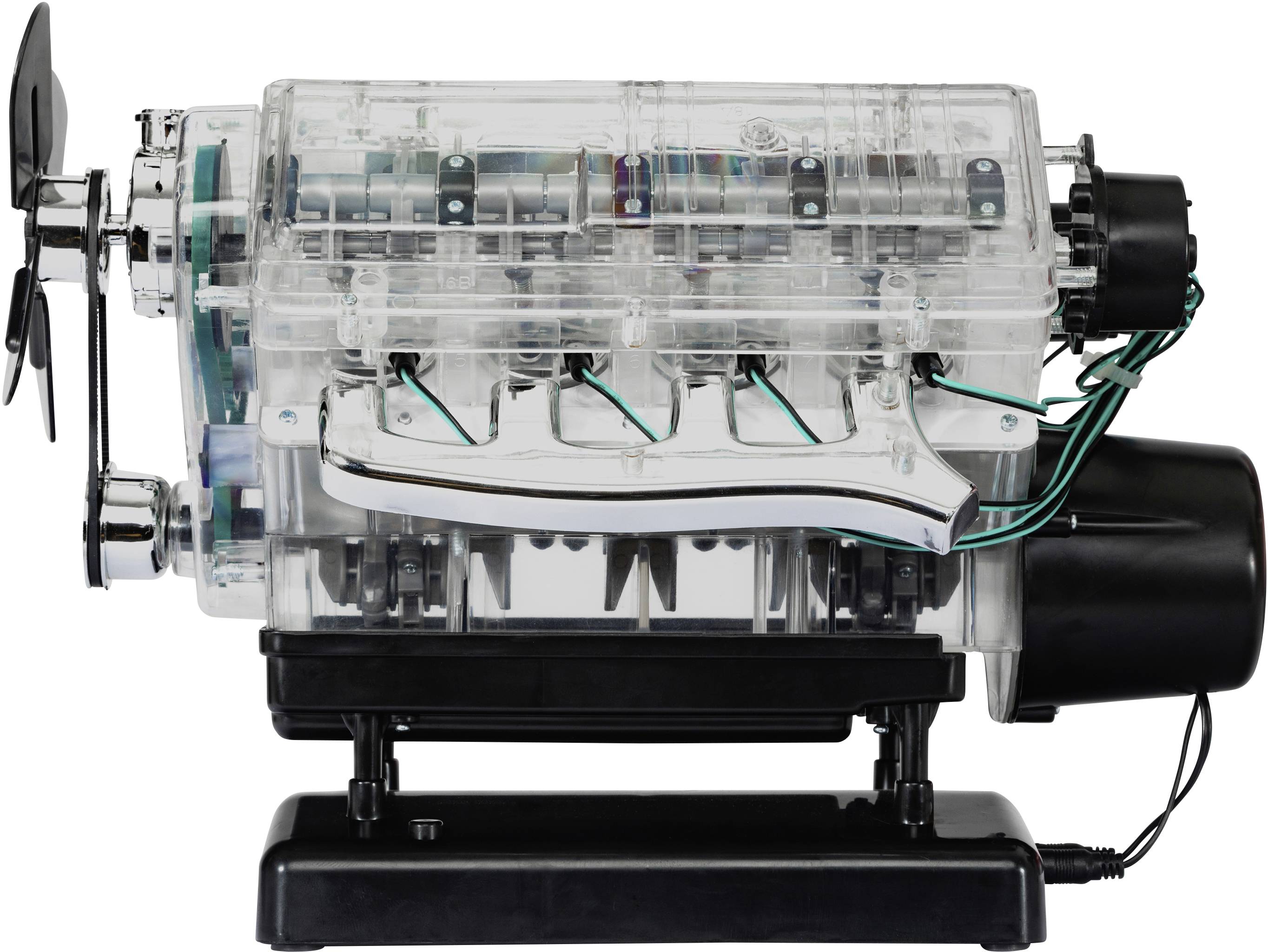 Transparenter Motor eines V8-Modells mit sichtbaren Kolben und Ventilen, verdrahtet mit einem kleinen Motor auf der rechten Seite.