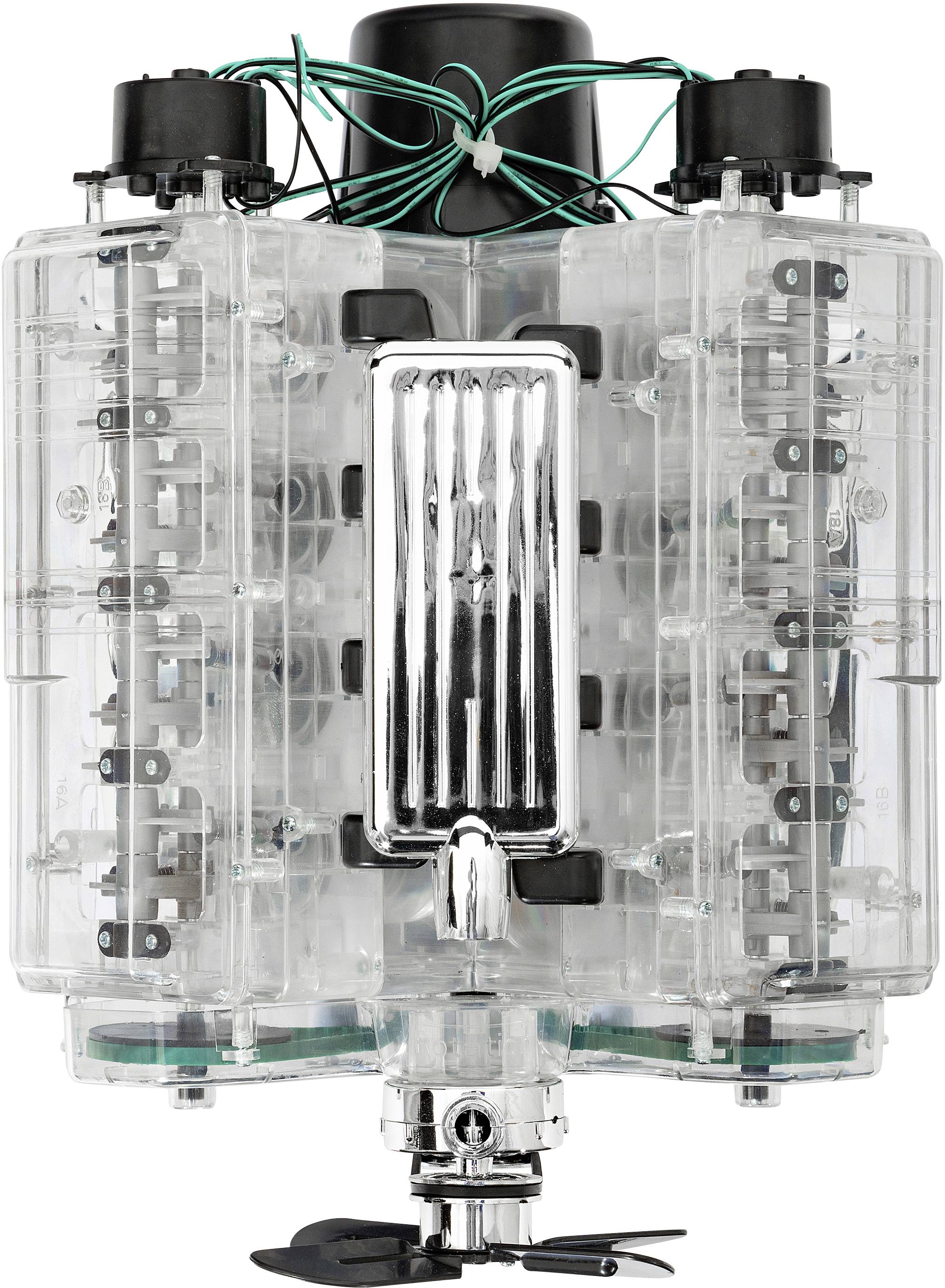 Ein transparenter Motor mit sichtbaren inneren Teilen und grünen Drähten oben, zeigt einen komplexen technischen Aufbau.