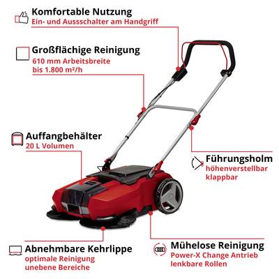'Roter Kehrmaschine mit ergonomischem Handgriff, 610 mm Arbeitsbreite, 20 L Auffangbehälter, höhenverstellbarem Holm, anhebbarer Kehrlippe.'