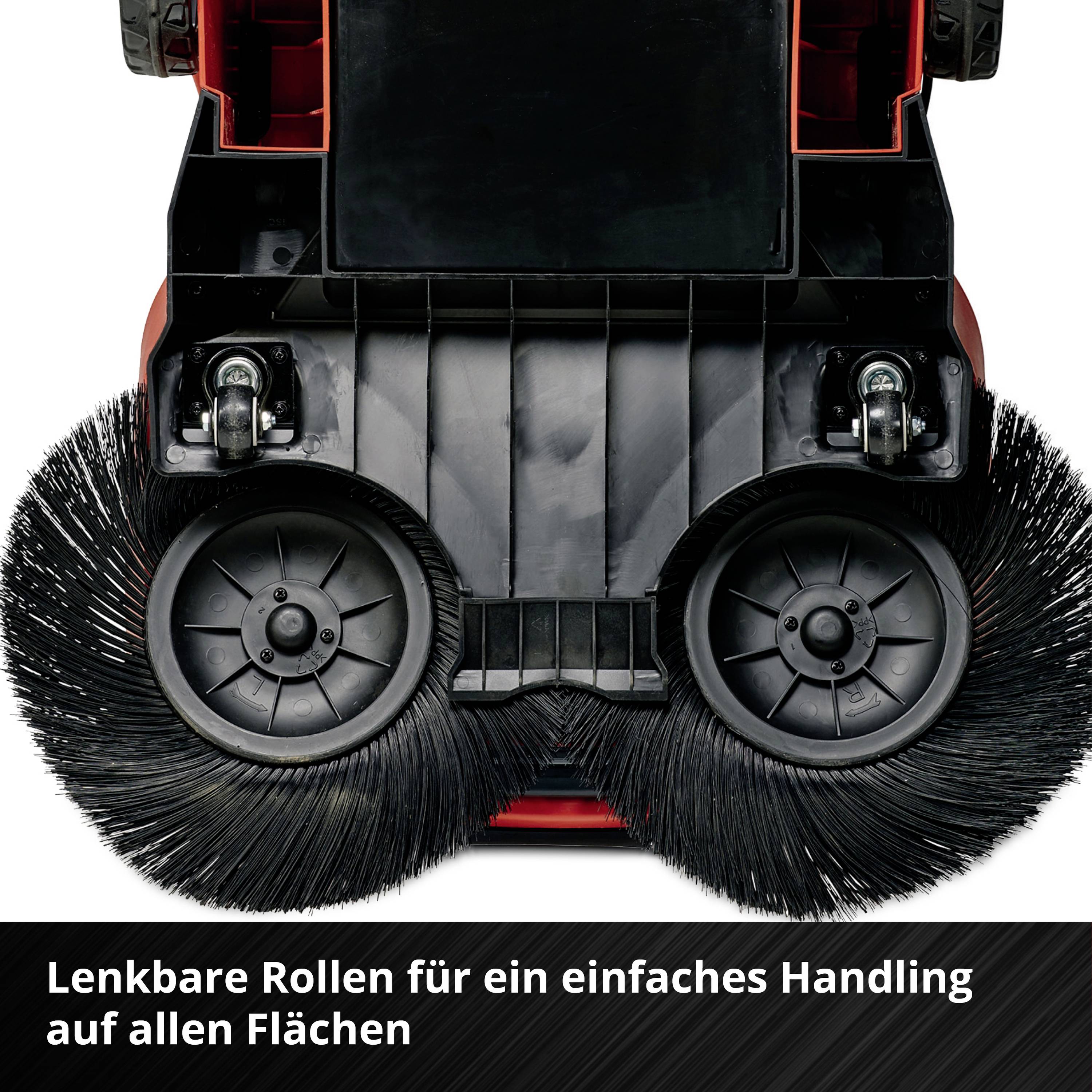 Kehrenmaschine mit großen Bürstenrädern von unten gezeigt. Text: 'Lenkbare Rollen für ein einfaches Handling auf allen Flächen'.