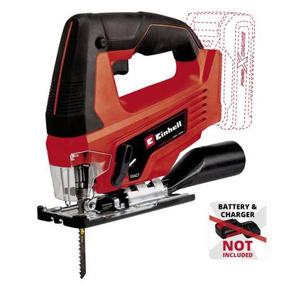 Eine rote, elektrische Stichsäge von Einhell ohne Batterie und Ladegerät. Hinweis 'Battery & Charger NOT included'.