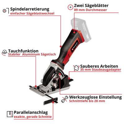 'Akkusäge mit Tauchfunktion und zwei Sägeblättern. Inklusive Spindelarretierung, Staubsaugeradapter und werkzeuglosen Einstellungen.'