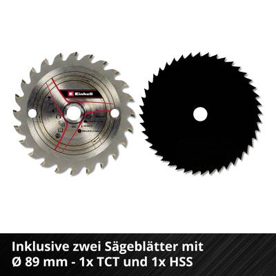 'Zwei Sägeblätter mit Ø 89 mm, links TCT und rechts HSS.'