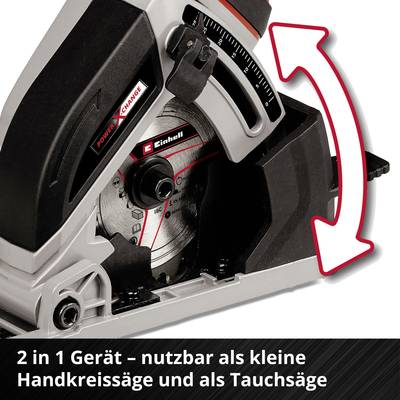 'Tauchsäge und Kreissäge von Einhell, Darstellung der Verstellmöglichkeiten. Text: 2 in 1 Gerät – nutzbar als kleine Handkreissäge und als Tauchsäge.'