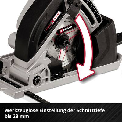 Kappsäge mit rotem Pfeil zeigt Einstellung für Schnitttiefe an. Text unten: 'Werkzeuglose Einstellung der Schnitttiefe bis 28 mm'.