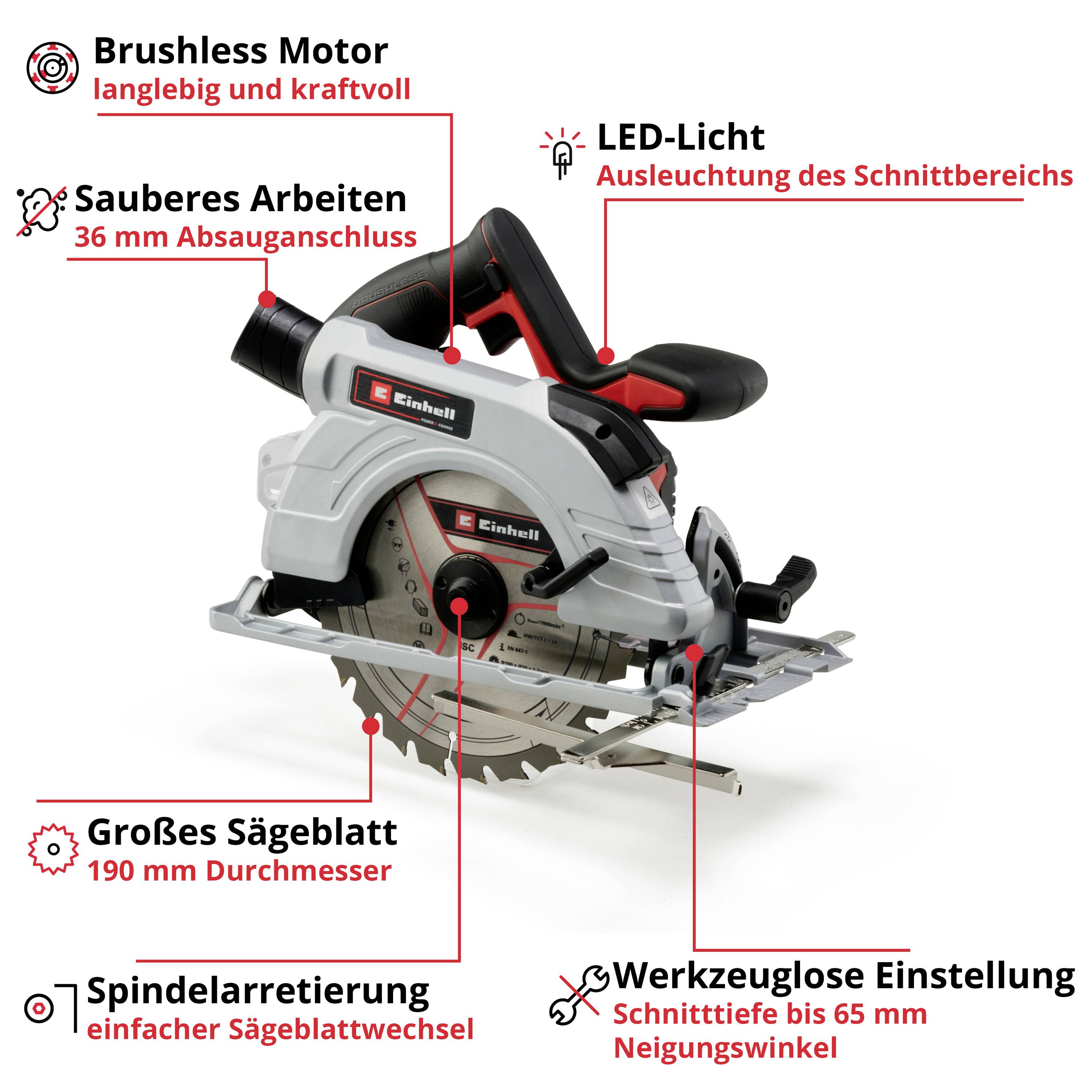 Eine elektrische Handkreissäge mit Beschriftungen: Brushless Motor, sauberes Arbeiten, großes Sägeblatt, Spindelarretierung, LED-Licht, werkzeuglose Einstellung.