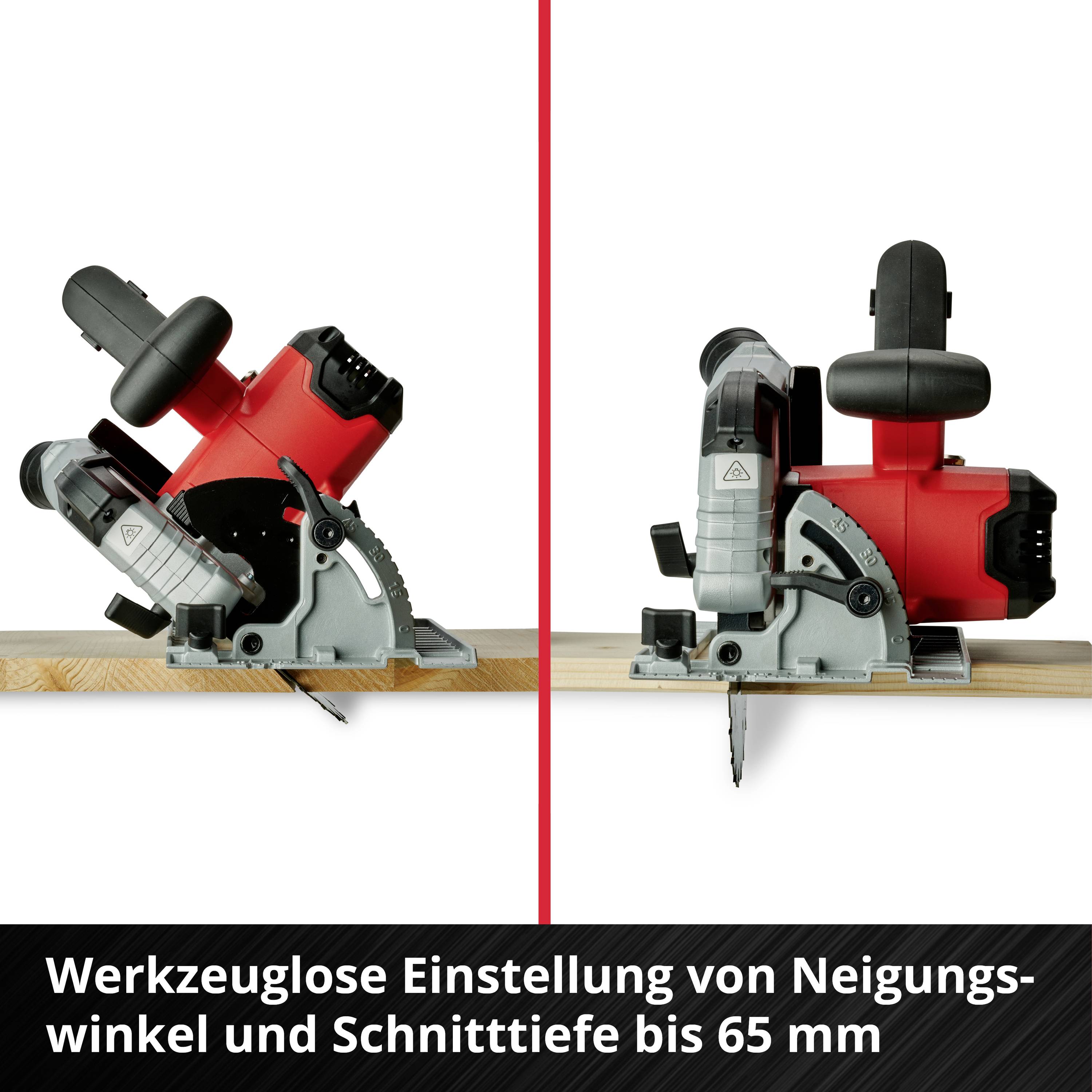 Auf dem Bild ist ein elektrisches Handwerkzeug zu sehen, das Holz schneidet. Unten steht 'Werkzeuglose Einstellung von Neigungswinkel und Schnitttiefe bis 65 mm'.