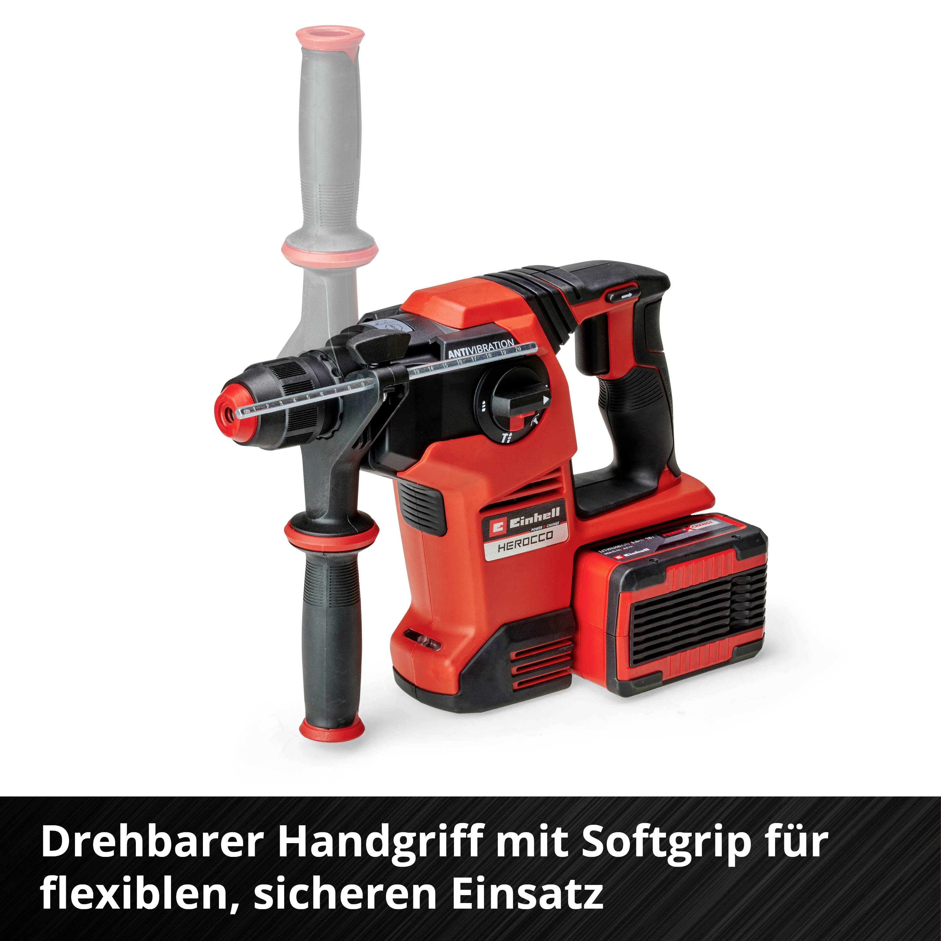 Ein rotes Bohrgerät mit Handgriff und Akku zeigt rot-schwarzes Design. Text: 'Drehbarer Handgriff mit Softgrip für flexiblen, sicheren Einsatz'.