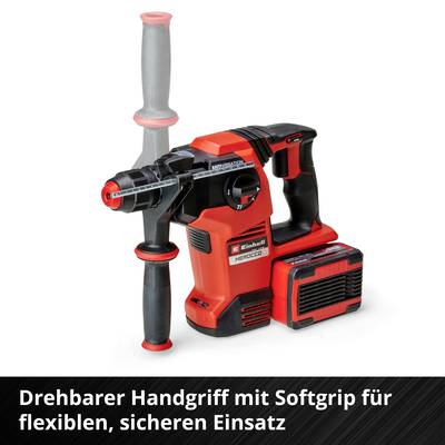 Ein rotes Bohrgerät mit Handgriff und Akku zeigt rot-schwarzes Design. Text: 'Drehbarer Handgriff mit Softgrip für flexiblen, sicheren Einsatz'.