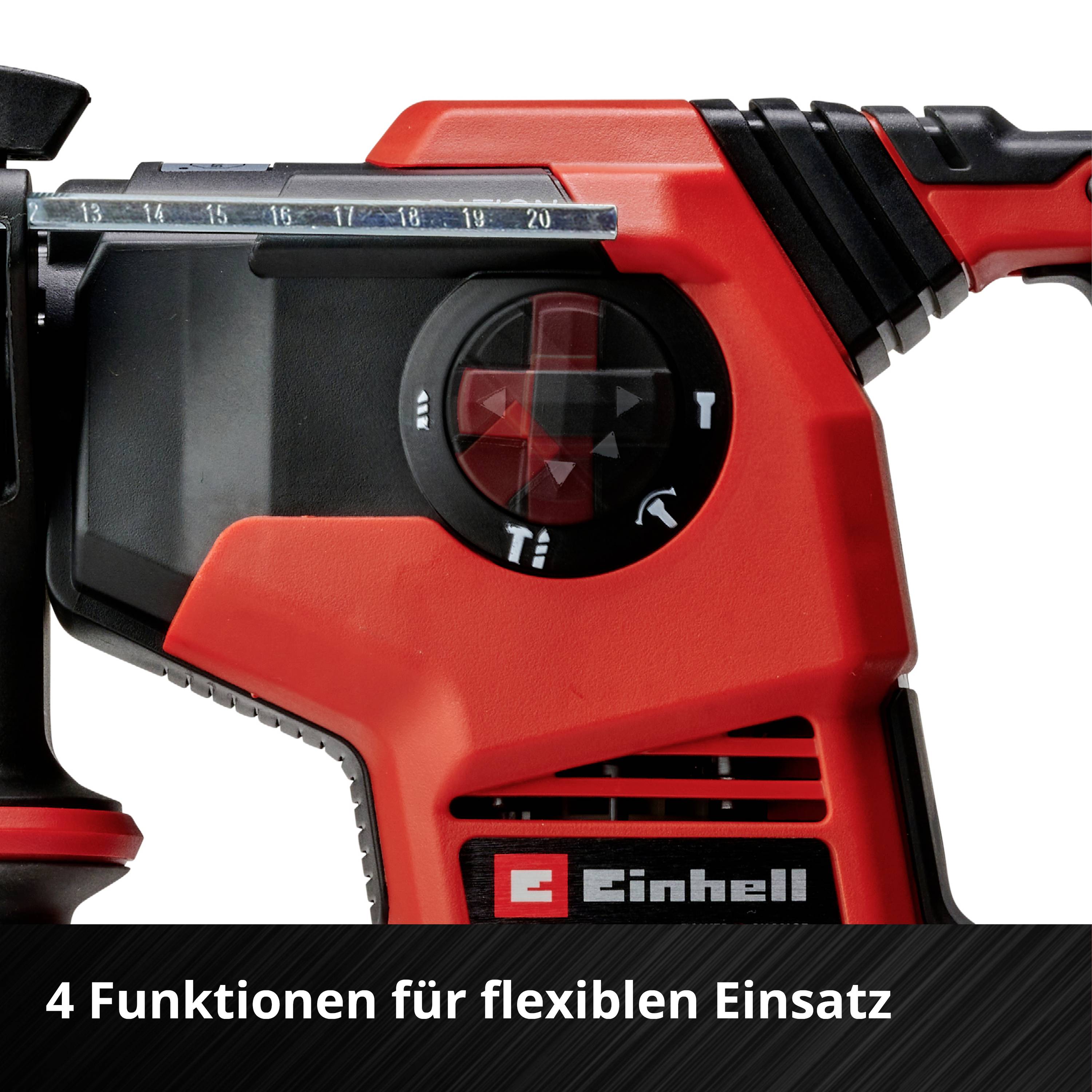Ein rotes Elektrogerät von der Marke Einhell mit einer Anzeige für vier flexible Funktionen.