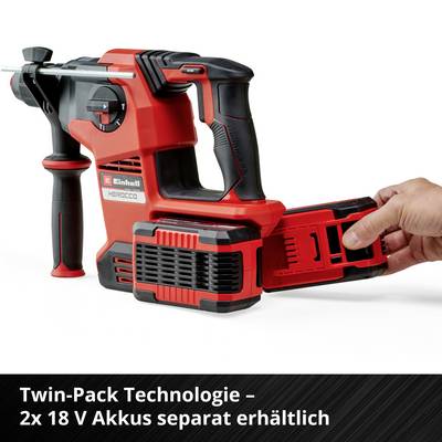Akkubohrschrauber in rot-schwarz mit zwei Akkus. Ein Akku wird von einer Hand gehalten. Text: 'Twin-Pack Technologie - 2x 18 V Akkus separat erhältlich'.