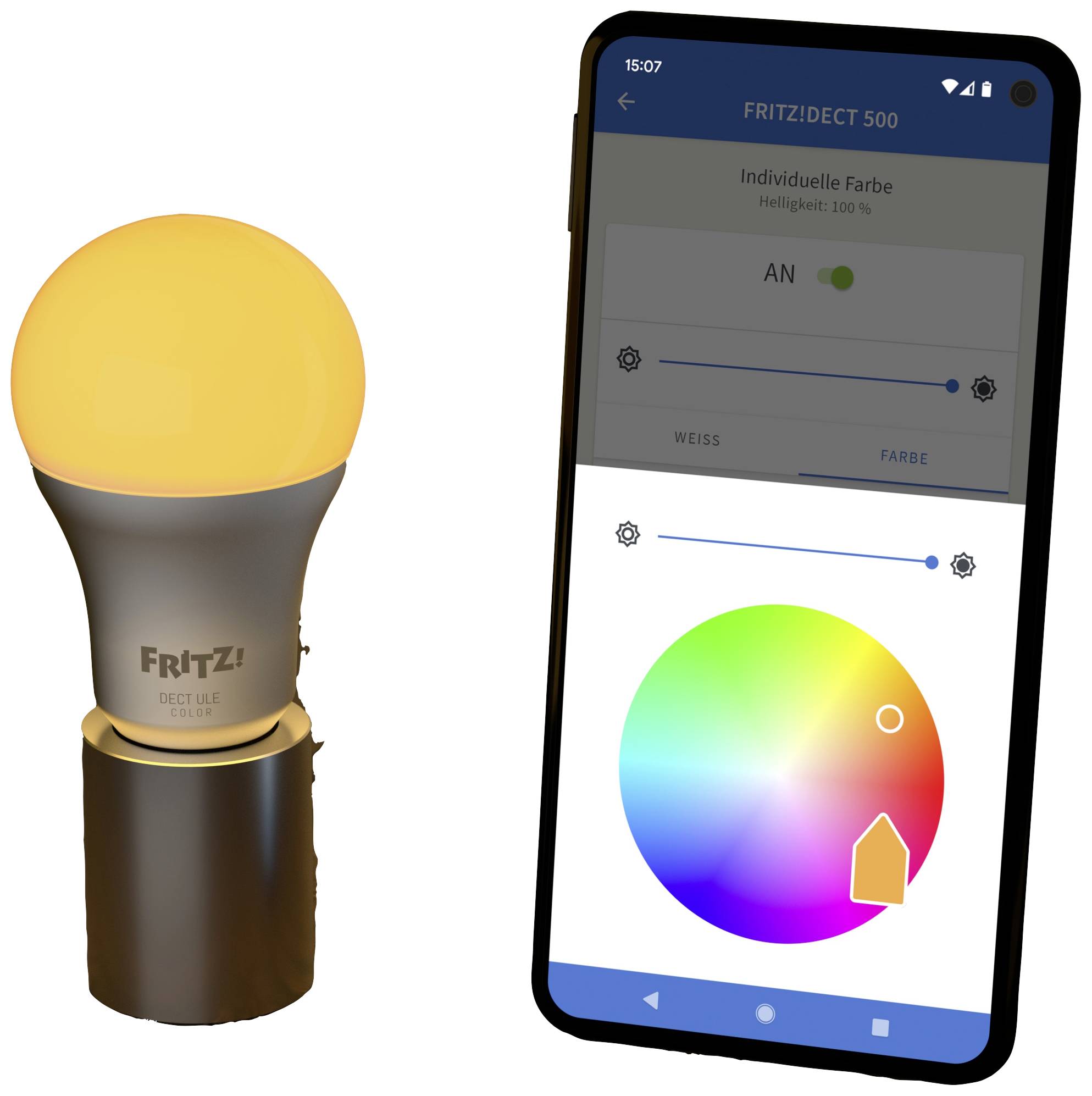 Intelligente Glühbirne neben Smartphone mit geöffneter App zur Steuerung der Lichtfarbe. Farbrad zeigt verschiedene Einstellungsmöglichkeiten.