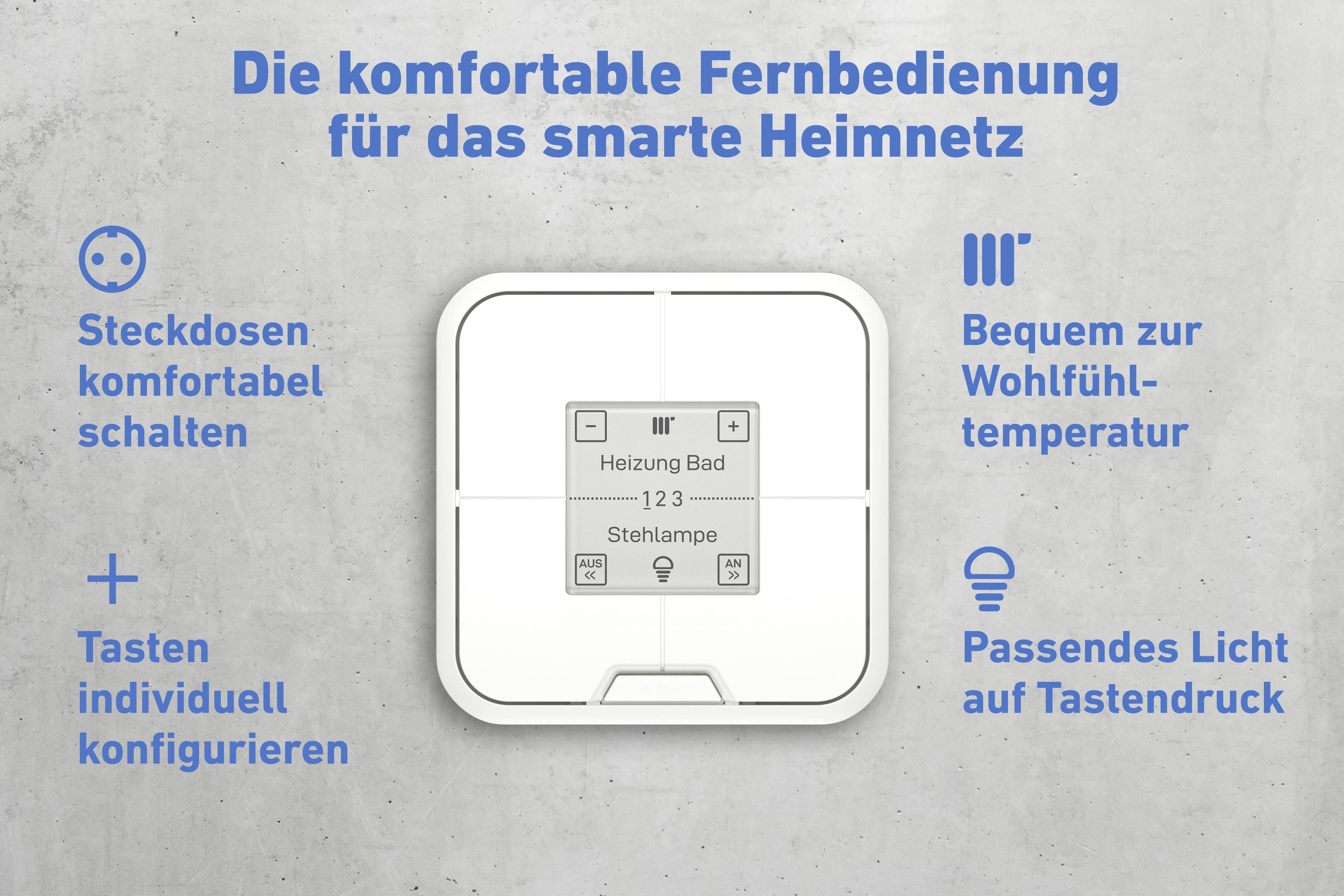 Eine Fernbedienung zur Steuerung des Heimnetzwerks. Text beschreibt Funktionen wie Steckdosen schalten, Temperaturregelung und Lichtanpassung.