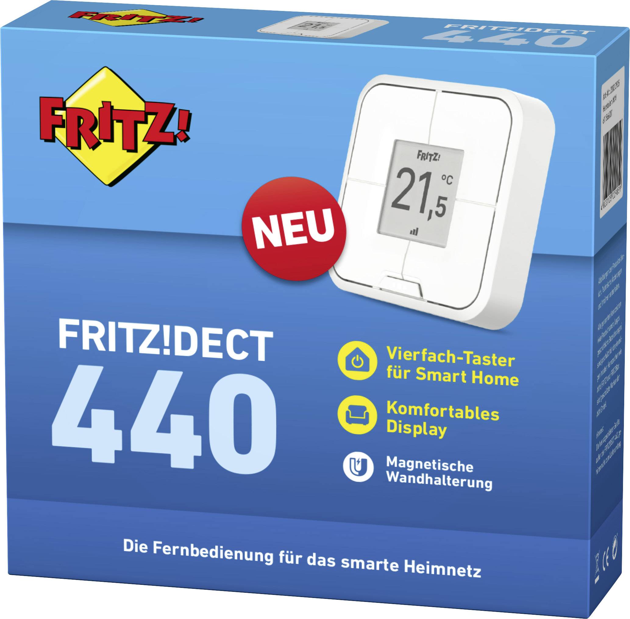 Eine Produktverpackung für den 'FRITZ!DECT 440', ein Smart-Home-Gerät mit Display und Wandhalterung. Zeigt Temperaturanzeige '21°C'.