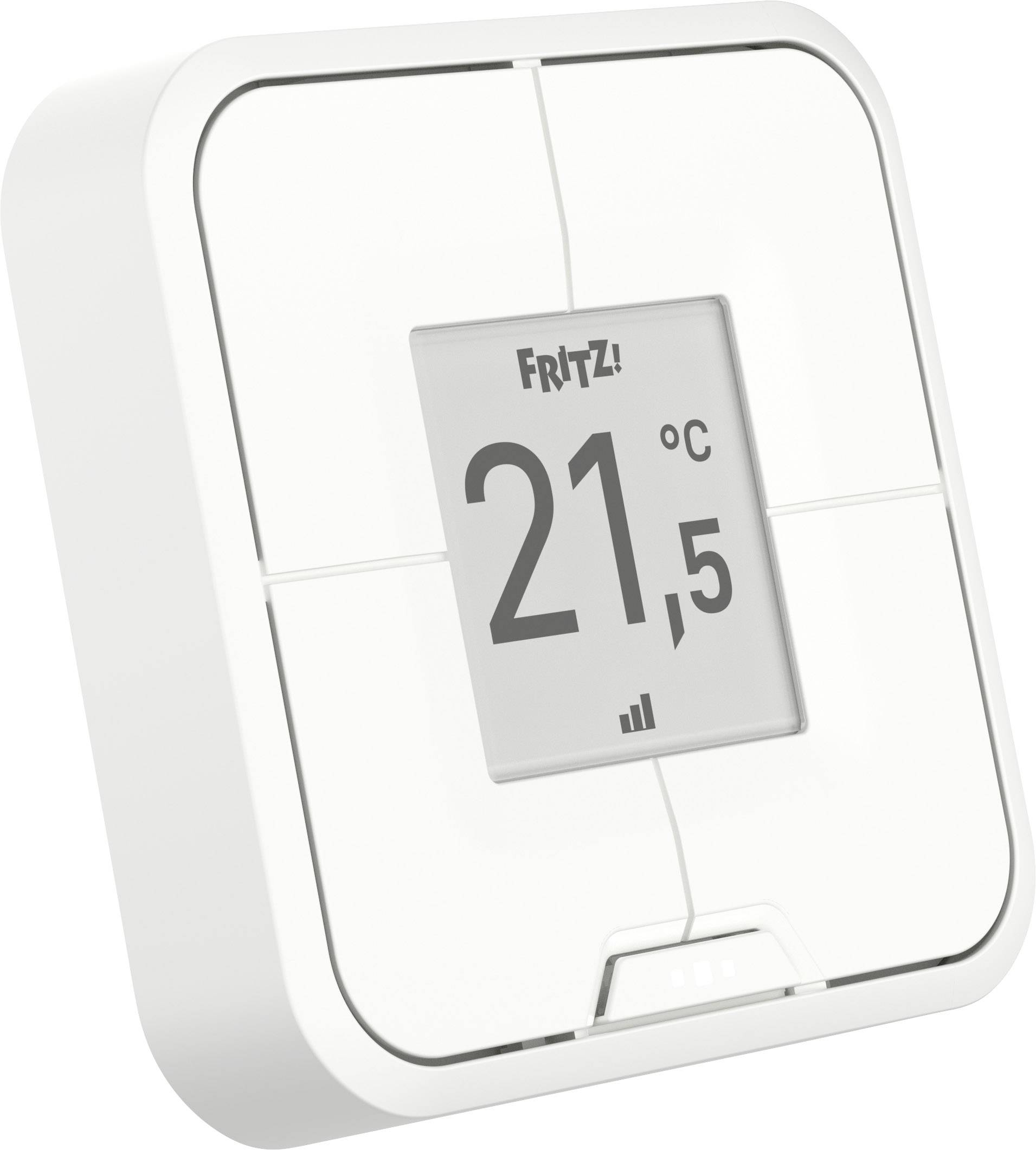 Ein weißes Raumthermostat zeigt 'FRITZ!' und 21°C.