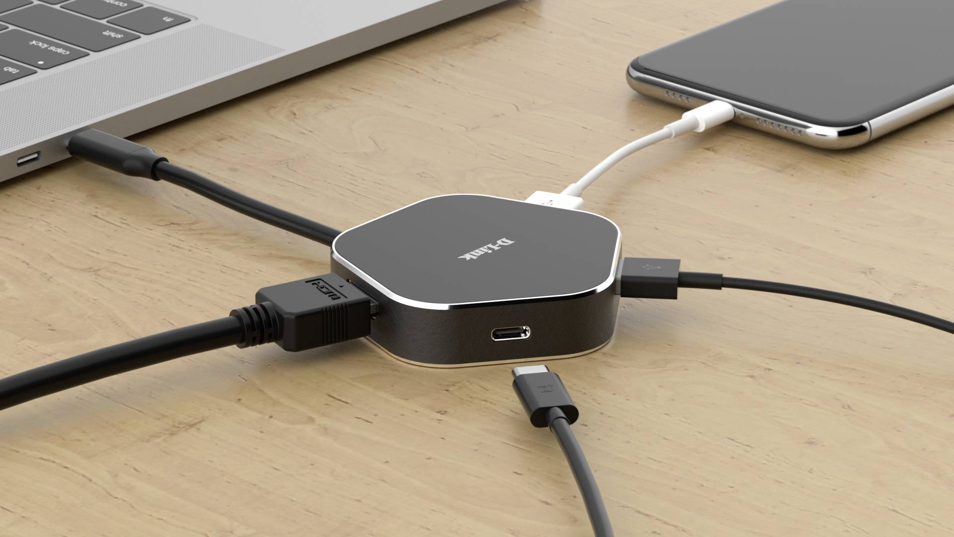 USB-Hub auf einem Tisch verbindet Laptop und Smartphone mit mehreren Kabeln für Datenübertragung und Aufladung.