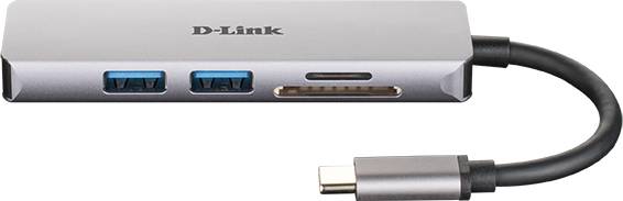 USB-C-Hub von D-Link mit zwei USB 3.0-Anschlüssen, einem SD-Kartenleser und einem USB-C-Anschluss, für erweiterte Konnektivität.
