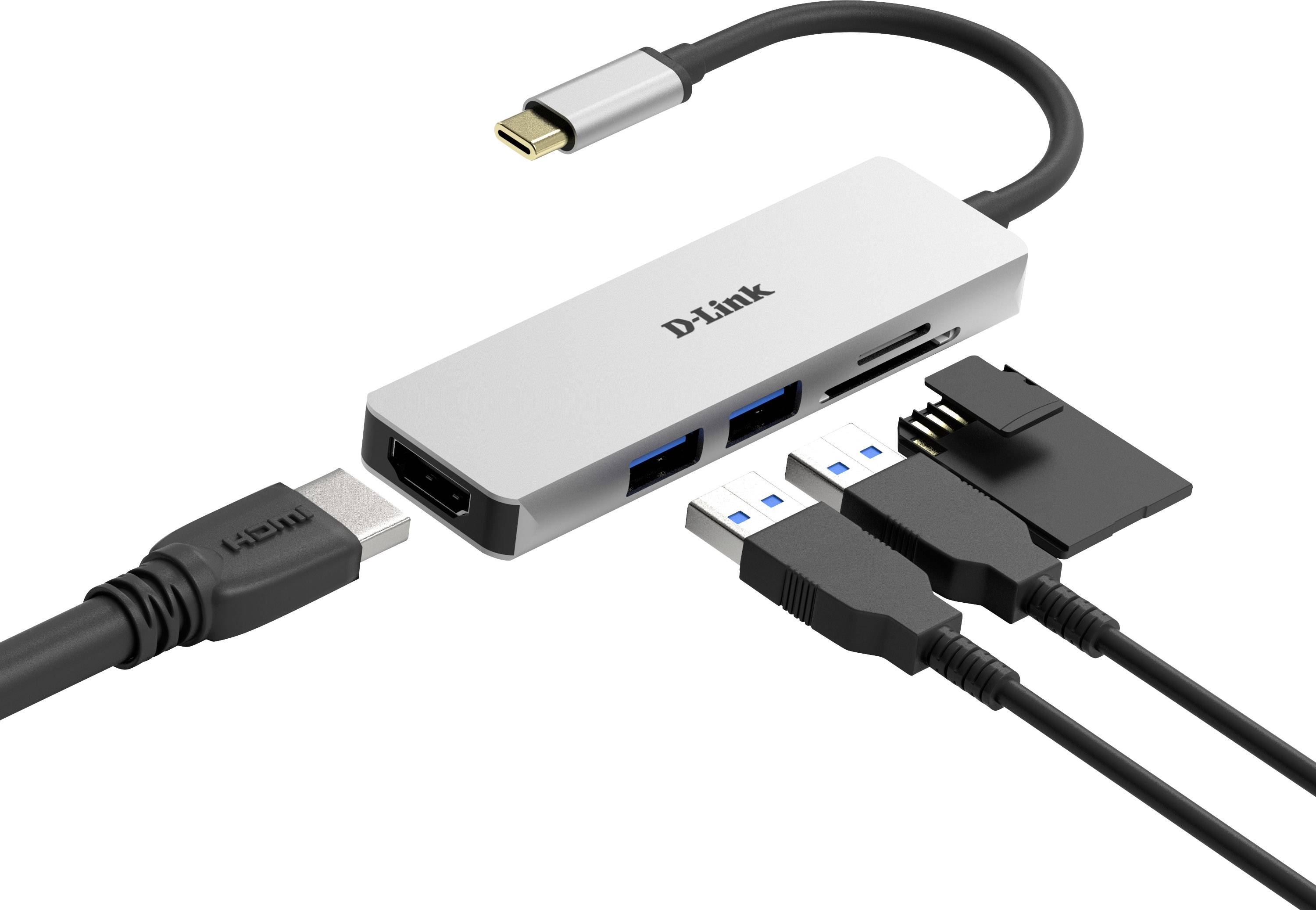 Ein USB-C-Hub mit mehreren Anschlüssen: HDMI, USB 3.0, SD-Kartenleser. Zwei USB-Kabel und eine SD-Karte sind angeschlossen.