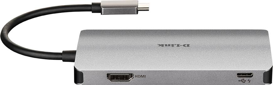 USB-C-Hub mit HDMI-, USB- und Thunderbolt-Anschlüssen, markiert mit 'D-Link'.