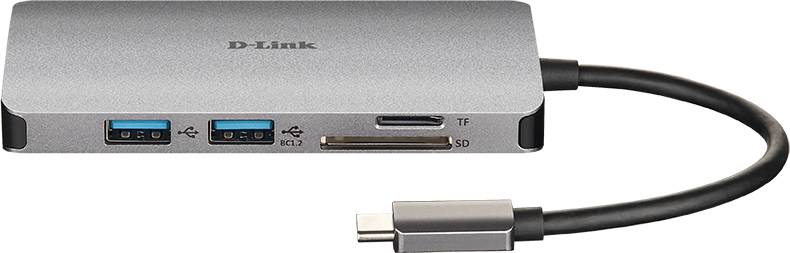 Ein silberner USB-C-Hub mit zwei USB-Anschlüssen, TF- und SD-Kartensteckplätzen, verbunden durch ein kurzes Kabel.