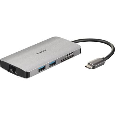 Ein grauer USB-C-Hub von D-Link mit HDMI-Anschluss, zwei USB-3.0-Anschlüssen, Ethernet-Port und SD-Kartenleser, geeignet für Laptops.