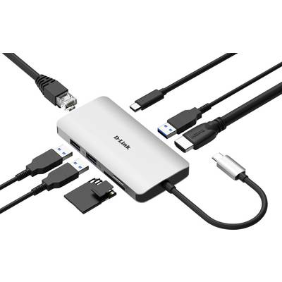 Mehrfach-USB-Hub von D-Link mit Verbindungen: zwei USB 3.0, HDMI, Ethernet, USB-C und SD-Kartensteckplätze. Ideal für erweiterte Konnektivität.