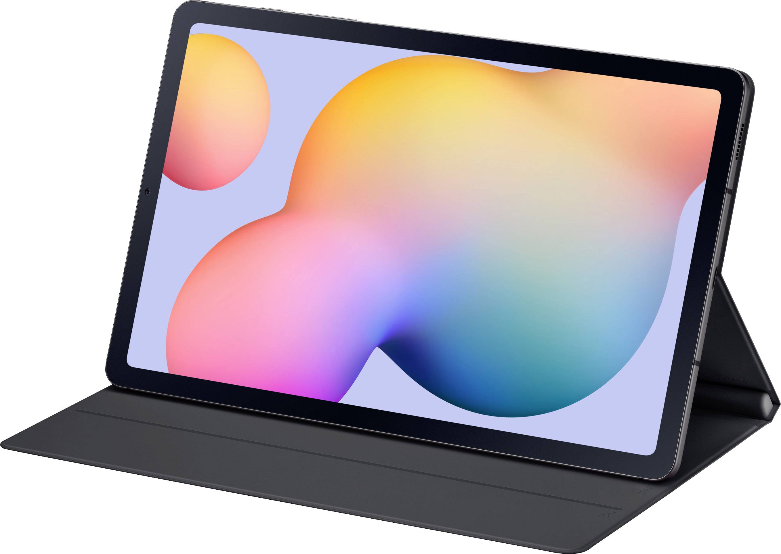 Ein Tablet in einer schwarzen Hülle, auf dem Bildschirm sind bunte, unscharfe Kreise vor einem blauen Hintergrund zu sehen.