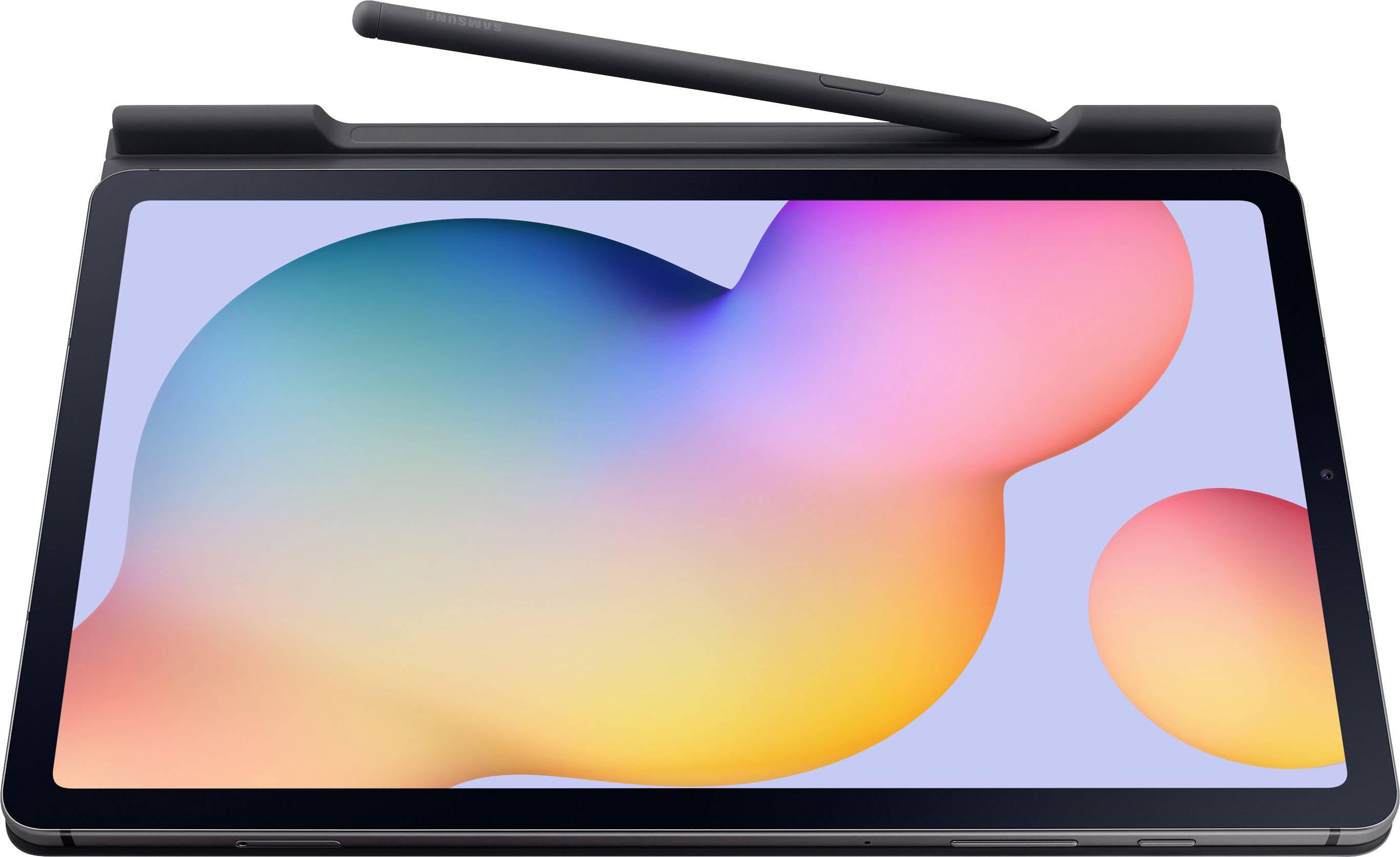 Ein Tablet mit einem Stift oben drauf, zeigt einen bunten Hintergrund mit abstrakten Formen.