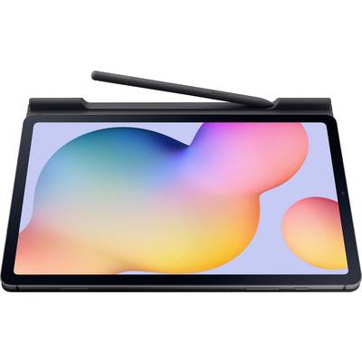 Ein Tablet mit einem Stift oben drauf, zeigt einen bunten Hintergrund mit abstrakten Formen.