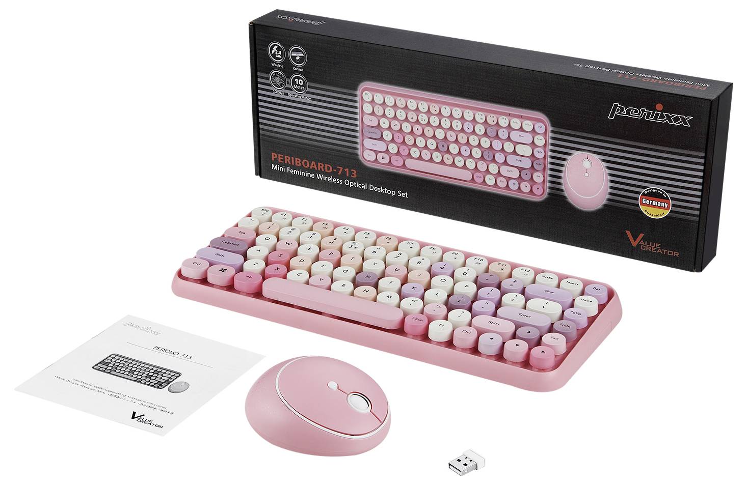 'Drahtloses Tastatur- und Maus-Set in Rosa mit USB-Empfänger, Verpackung und Benutzerhandbuch. Modell: PERIBOARD-713.'
