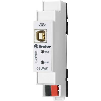 Ein KNX-Modul von Finder mit USB- und KNX-Anschlüssen, Modellnummer 9.030, für die Integration in Smart-Home-Systeme.