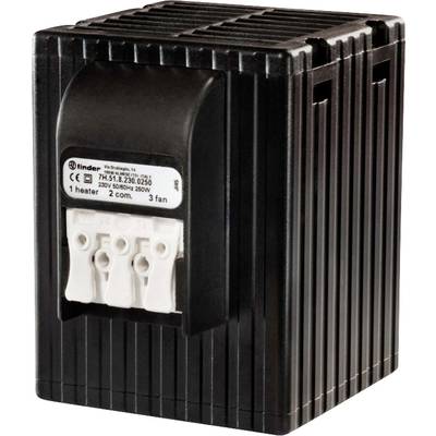 Schwarzes elektrisches Bauteil mit drei weißen Anschlüssen, einem Etikett mit technischen Spezifikationen oben und gerippter Oberfläche.