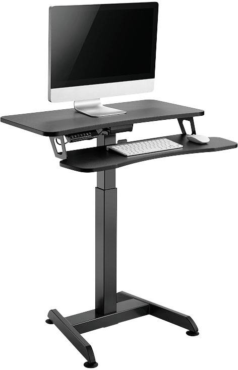 Ein höhenverstellbarer Stehschreibtisch mit einem Computer und einer Tastatur darauf, auf einer stabilen, schwarzen Basis.
