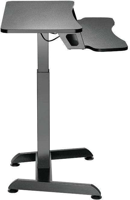 Schwarzer, höhenverstellbarer Stehtisch mit geneigter Arbeitsfläche, geeignet für ergonomisches Arbeiten im Büro oder zu Hause.