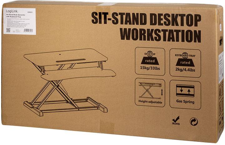 Eine Verpackung mit einer Abbildung eines höhenverstellbaren Steh-Sitz-Schreibtischs, geeignet für 15 kg auf der Tischplatte.