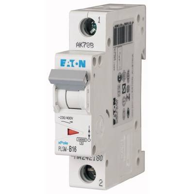 'Einpoliger Schutzschalter der Marke Eaton, Modell xPole PLSM-B16, geeignet für 230/400V, mit rotem Schaltzustand-Indikator.'