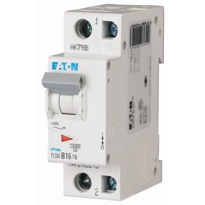 Ein weißer Sicherungsautomat der Marke 'Eaton' mit der Bezeichnung 'PLSM-B16/1'. Er hat einen grauen Kippschalter und zeigt '230V'.