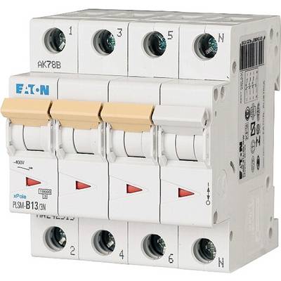 Ein elektronischer Leitungsschutzschalter mit vier Schaltern, Markenname 'Eaton', Modell 'xPole PLSM-B13/3N', zur Verhinderung von Überlastungen.