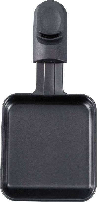 Eine schwarze, quadratische Pfanne mit Griff, geeignet für Raclette oder kleine Portionen, aus hitzebeständigem Material.