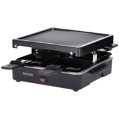 Ein schwarzer Raclette-Grill mit Antihaft-Grillplatte und vier Pfännchen darunter. Markenname 'Severin' sichtbar auf der Vorderseite.