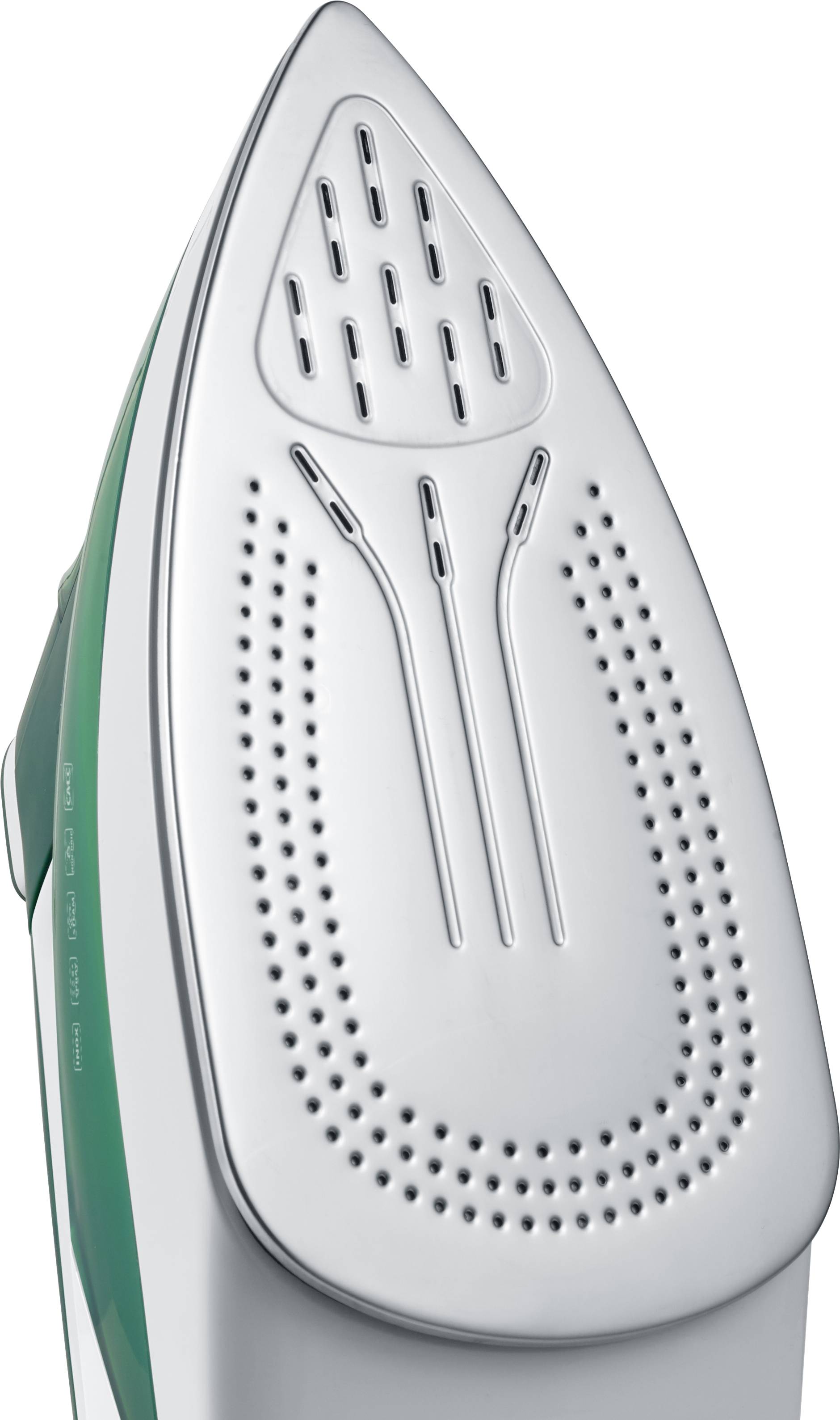 Bügeleisen mit silberner Bügelsohle und Dampfaustrittslöchern, diagonal nach oben gezeigt.