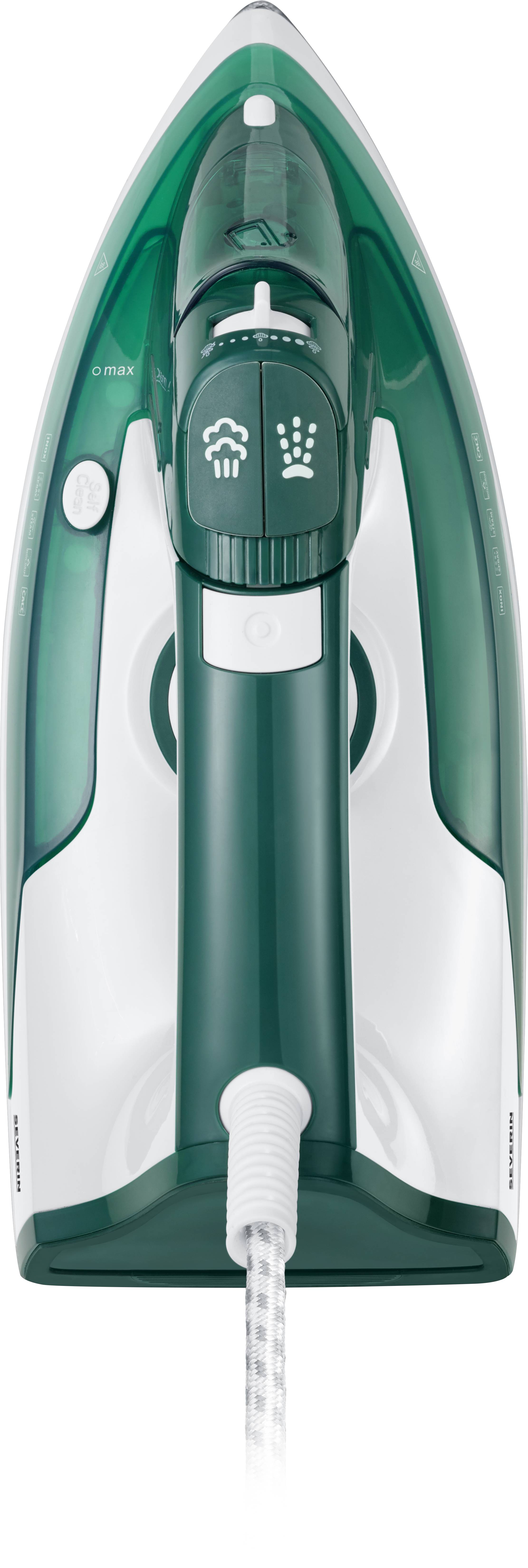 Ein grünes Dampfbügeleisen mit weißem Griff. Es hat einen Drehregler und Knöpfe für verschiedene Bügeleinstellungen.