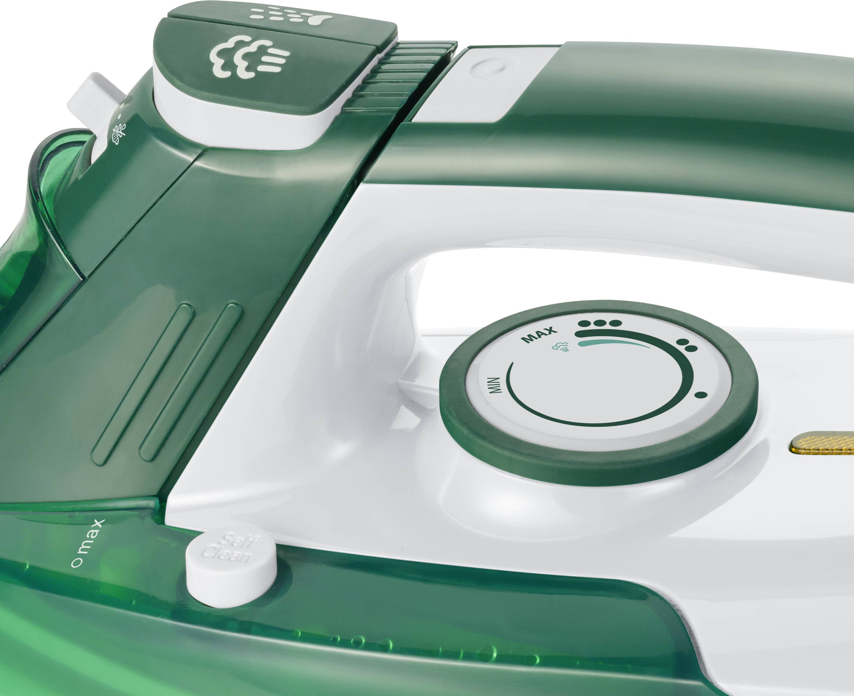 Grünes Dampfbügeleisen mit verschiedenen Einstellungsknöpfen, darunter ein Drehknopf für Temperatur und Dampfstärke.