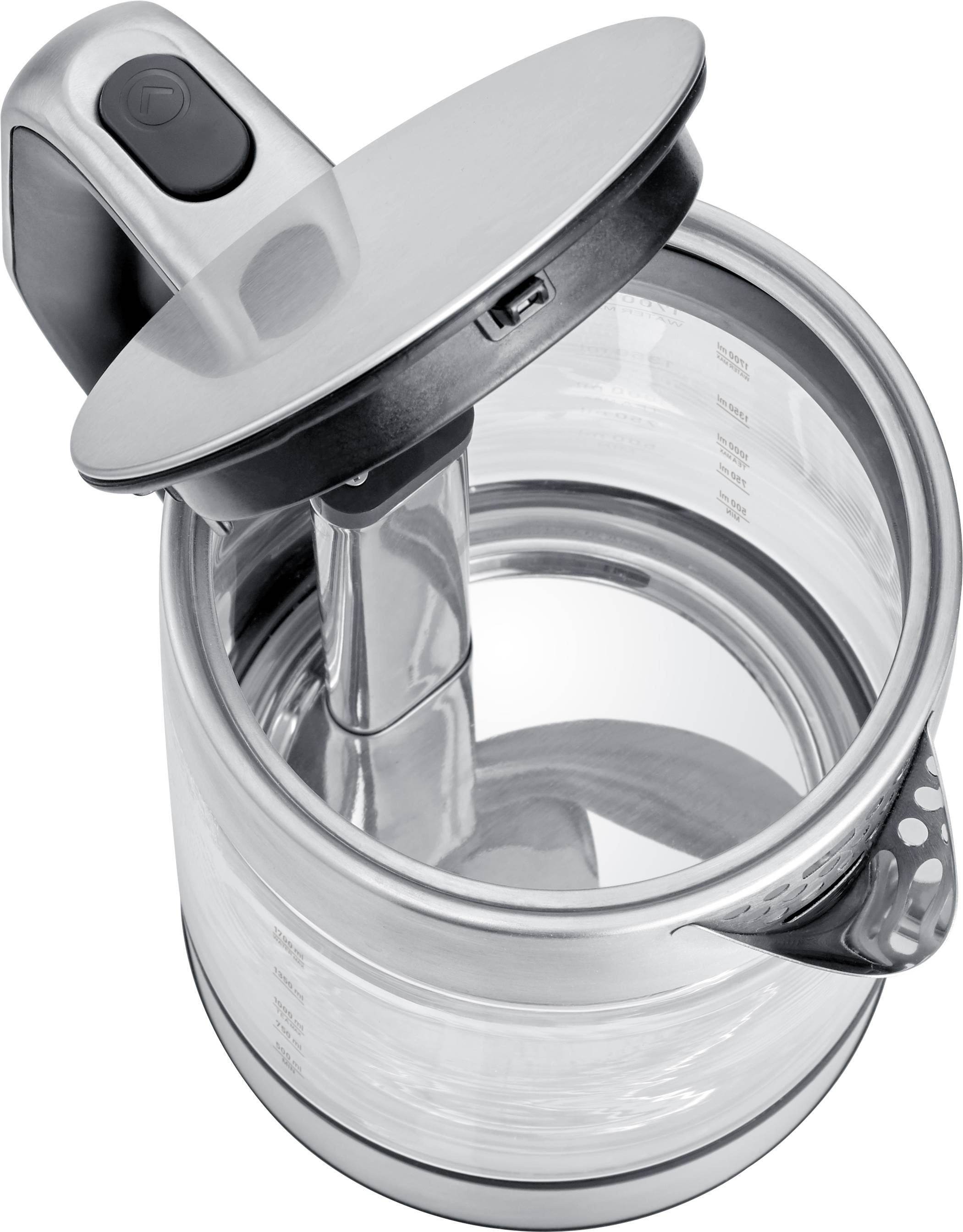 Glas-Elektrowasserkocher mit Edelstahlboden und Skala, geöffnet von oben gezeigt. Gerät hat einen schwarzen Griff und Deckel mit Knopf.