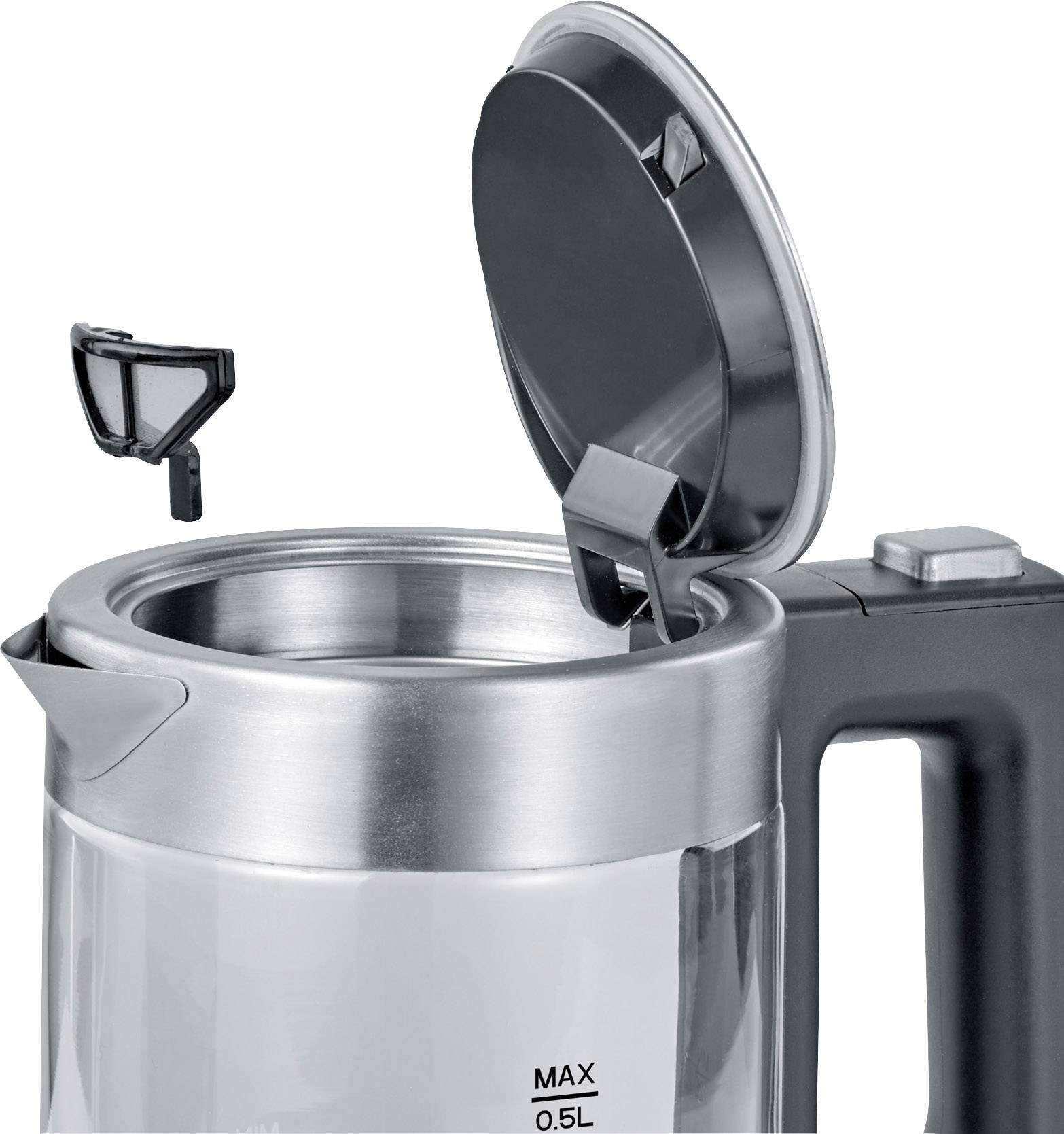 Elektrischer Wasserkocher mit geöffnetem Deckel und sichtbarem Wasserfilter. Maximale Füllmenge von 0,5 Litern auf der Skala angezeigt.