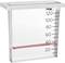 Regenmesser zeigt Wasserstand von 40 Litern pro Quadratmeter an. Transparenter Behälter mit Skala in L/m² von 0 bis 120.