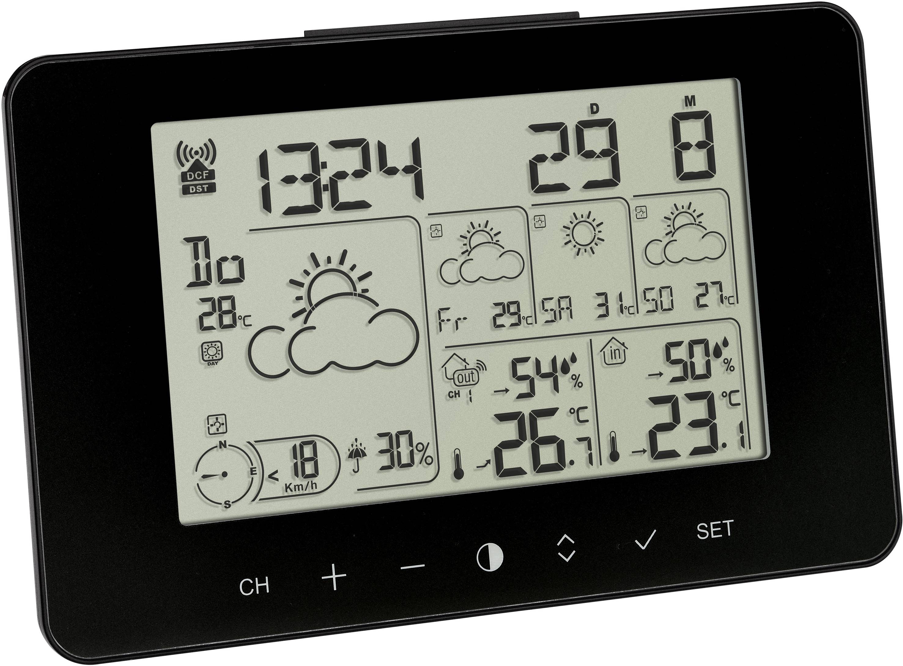 Eine digitale Wetterstation zeigt die Uhrzeit, Datum, Innen- und Außentemperatur, sowie Wettervorhersagen mit Symbolen.